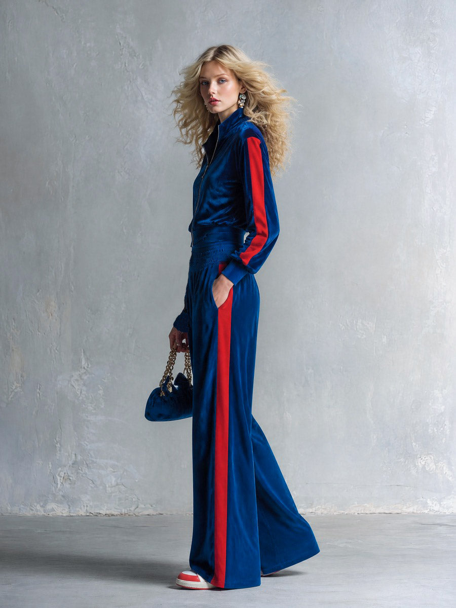 JOPPOLO - Completo blu in velluto con giacca zip e pantaloni ampi