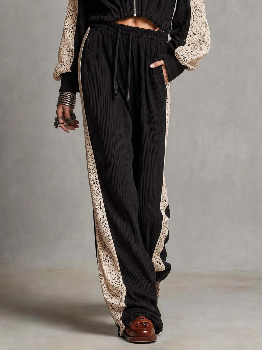 MONTACUTO - Set nero in maglia a coste con pizzo e coulisse