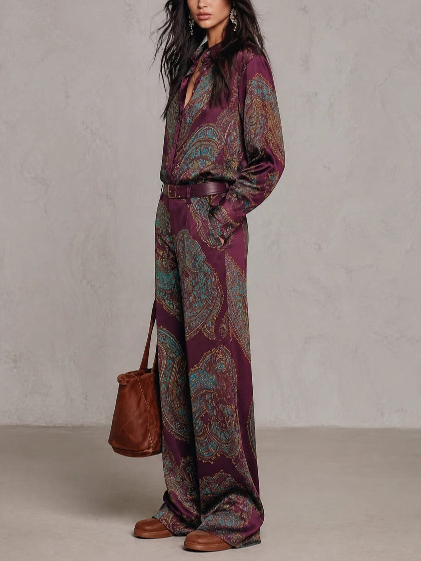 MOCONESI - Completo satinato paisley bordeaux e viola con cintura