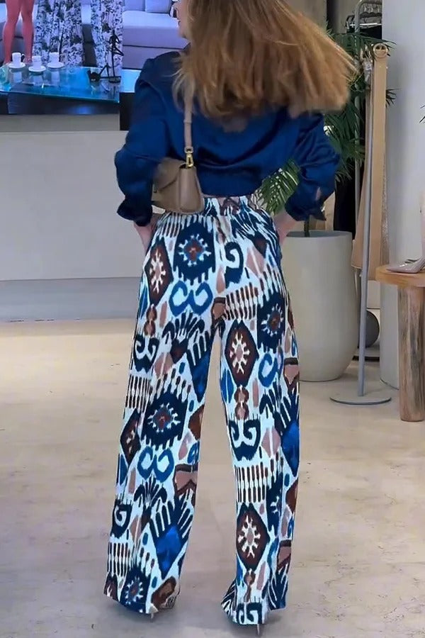 COGORNO - Pantaloni palazzo multicolor con stampa e vita elastica