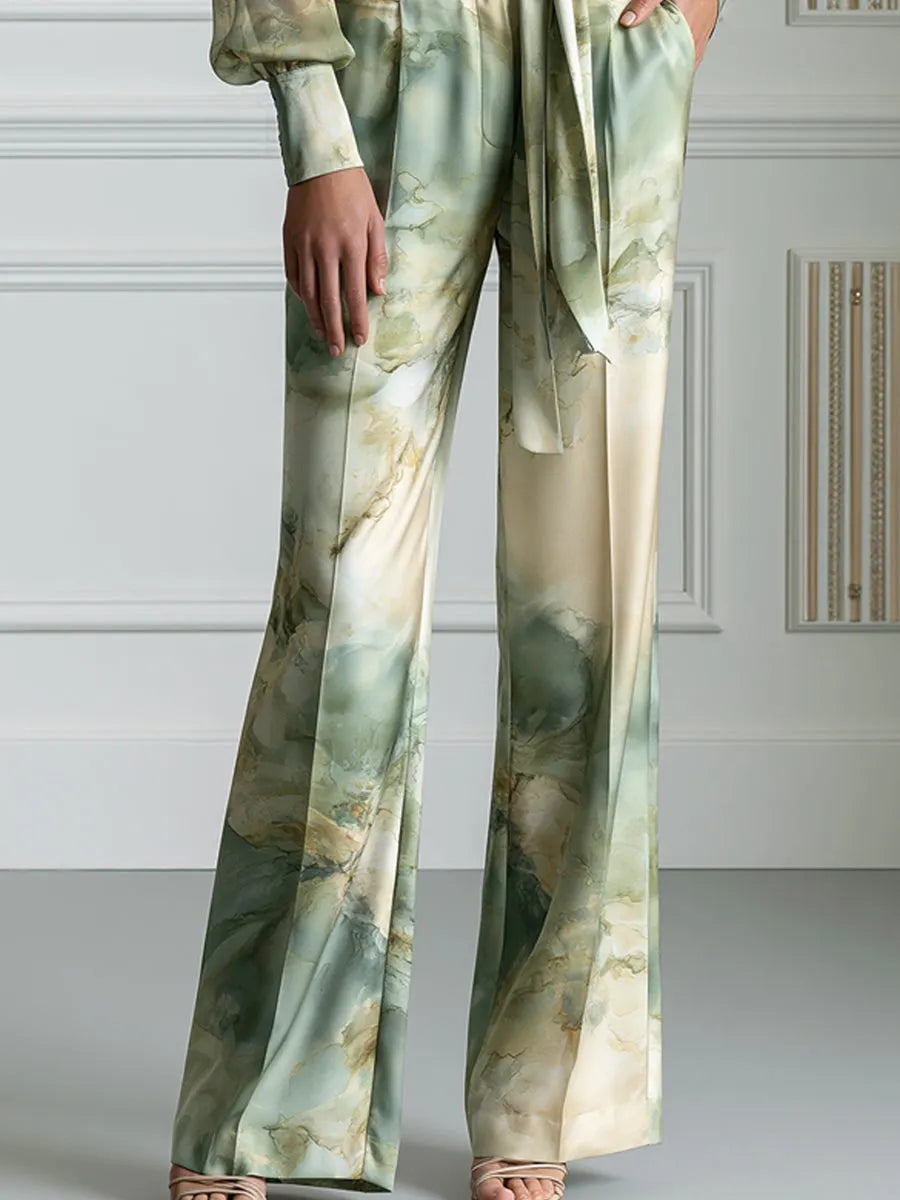 PONNA - Watercolor Fluid Print Satin Two-Piece Tailored Suit