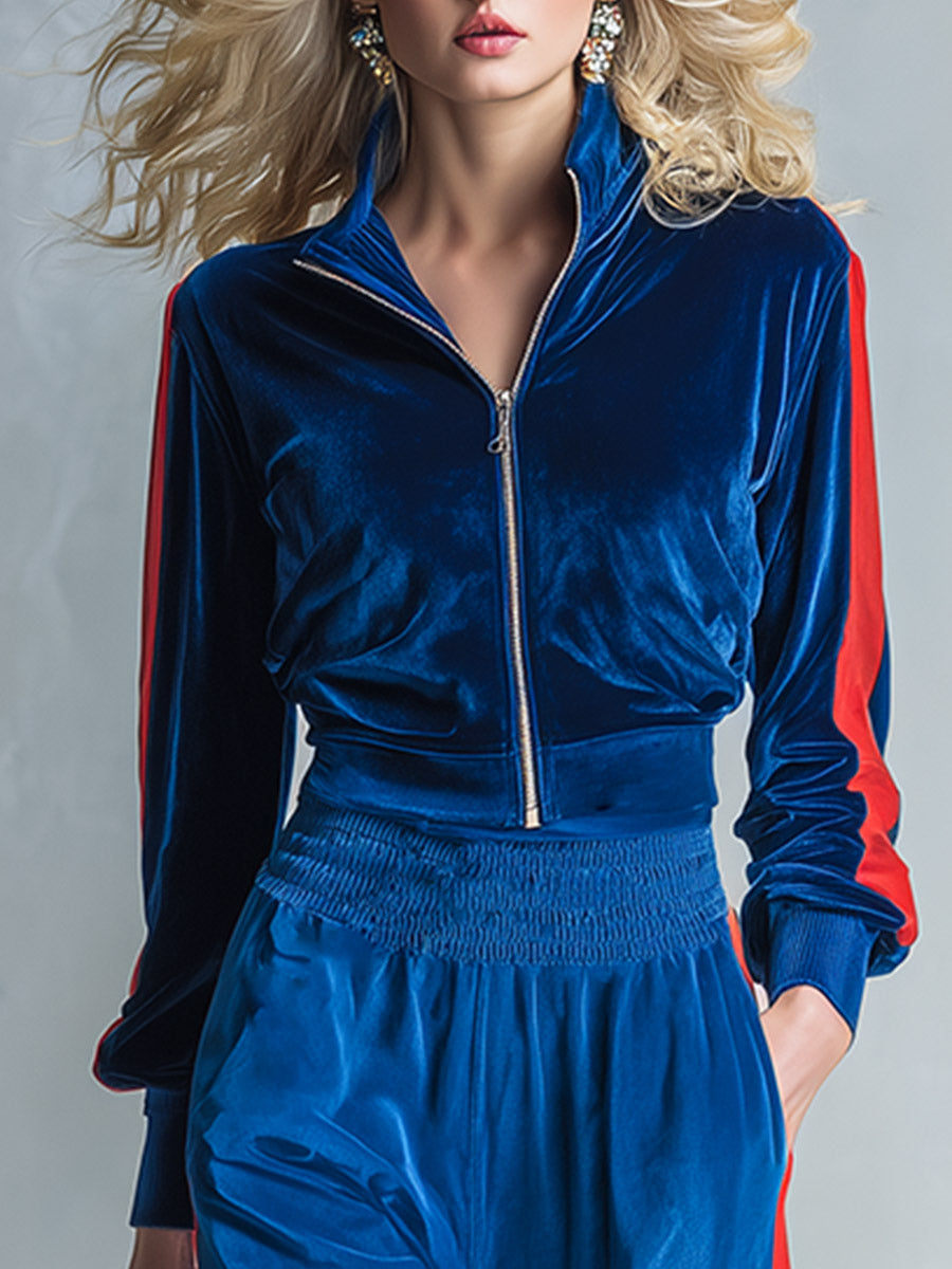 JOPPOLO - Completo blu in velluto con giacca zip e pantaloni ampi