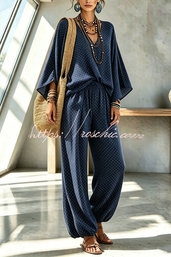SOMAGLIA - Retro Style Polka Dot Print Batwing Sleeve Top and Elastic Waist Loose Jogger Pants Set