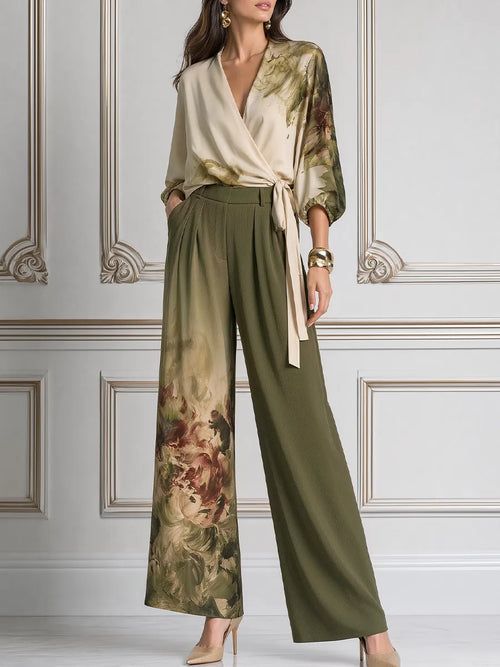 ASSAGO - Completo verde oliva con blouse floreale e pantaloni palazzo