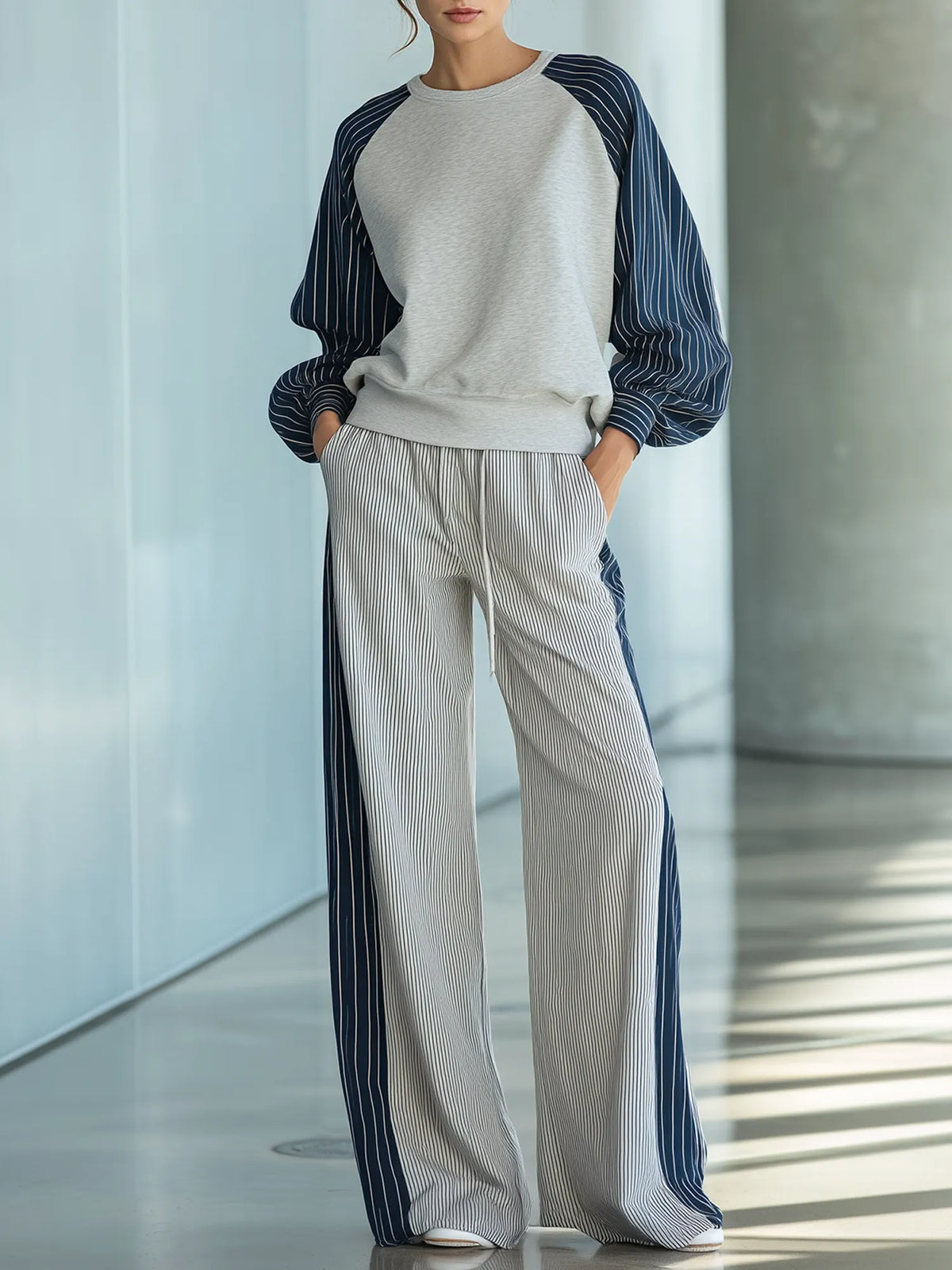 MANDELA - Women's Lightweight Casual Color-block Striped Raglan Sleeve Top And Pants Set