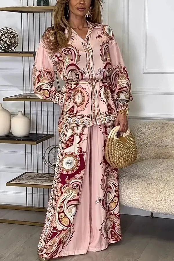 AVELENGO - Completo rosa stampato con camicia e pantaloni ampi