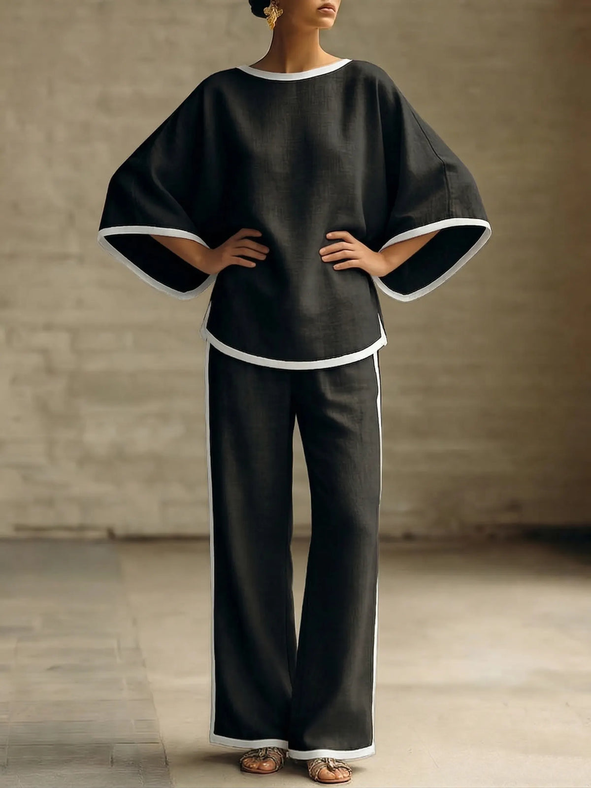 LOMAZZO - Elegant Trimmed Edge Loose Batwing Sleeve Two-piece Set