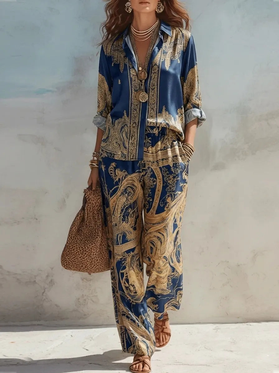 BAGNARIA - Completo blu con stampa barocca e pantaloni ampi