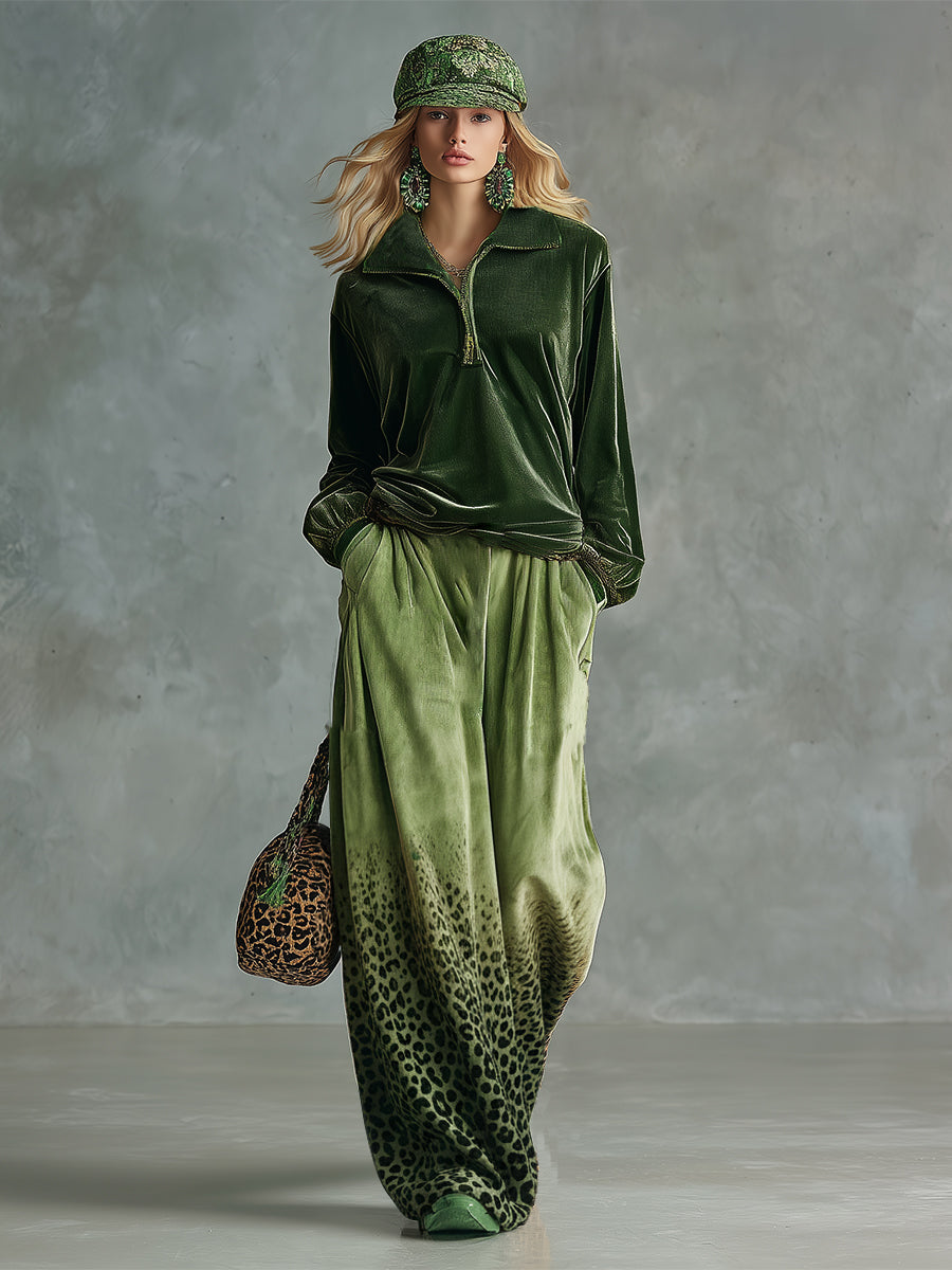 CAIVANO - Completo in velluto verde con pantaloni leopardati palazzo