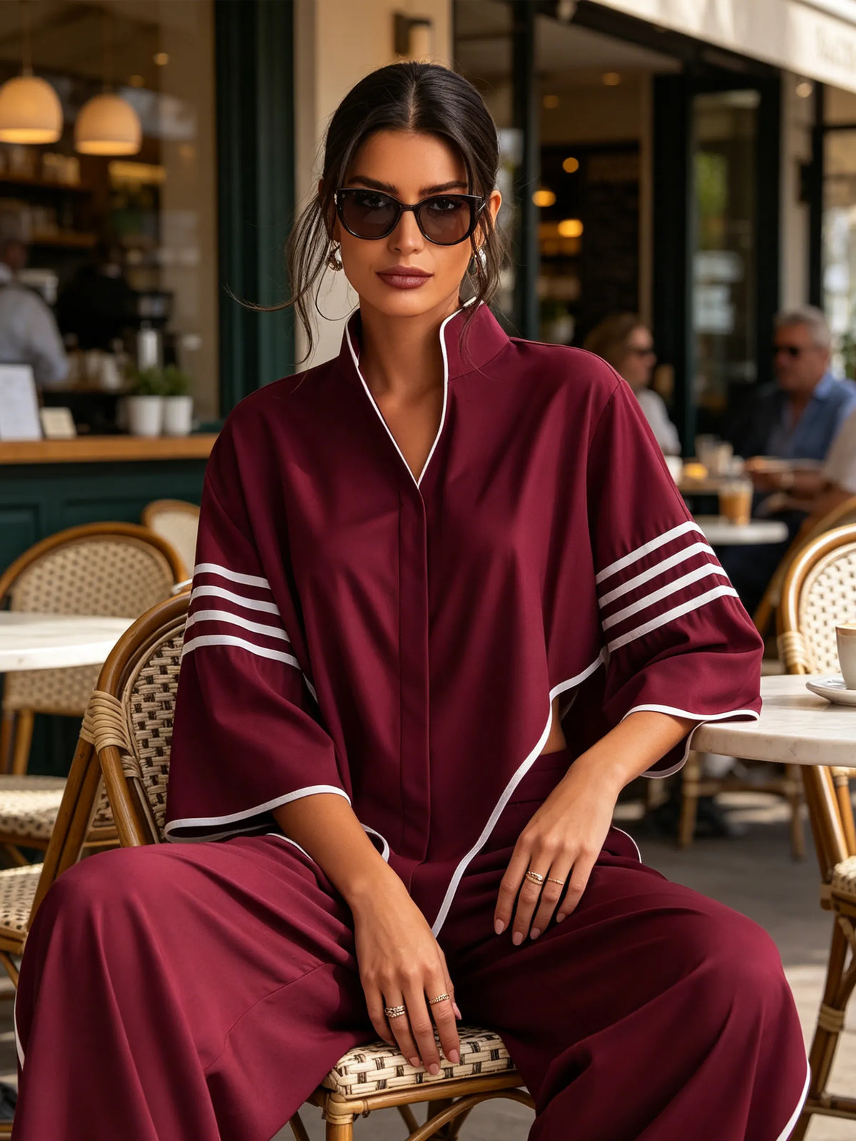 CREMELLA - Completo bordeaux con top asimmetrico e pantaloni ampi
