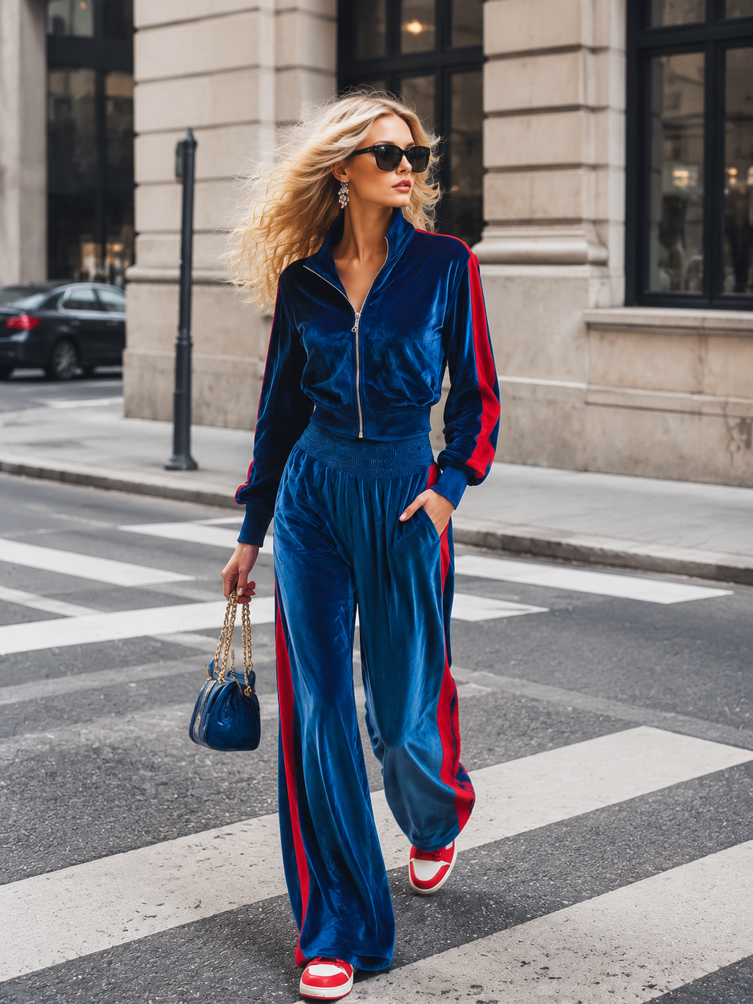 JOPPOLO - Completo blu in velluto con giacca zip e pantaloni ampi