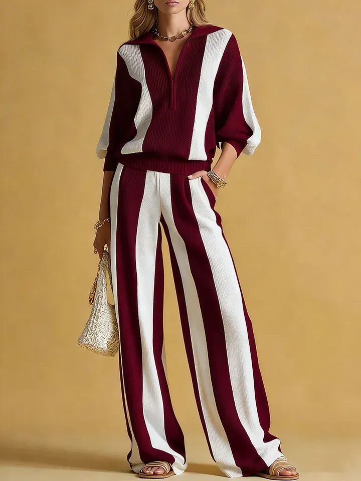 BRUNILDE - Completo in maglia rigata blu con cardigan e pantaloni ampi