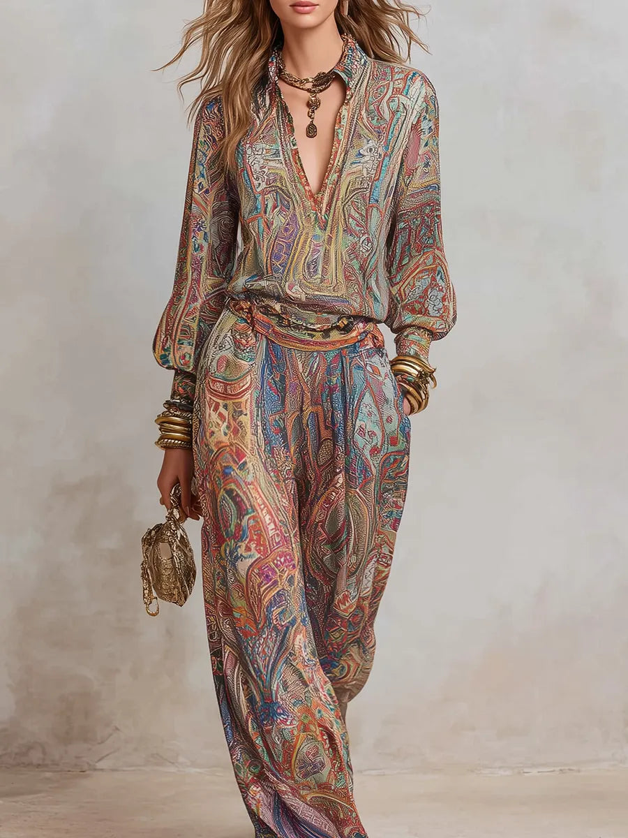 LINDA - Exquisite paisley print wide leg pantsuit