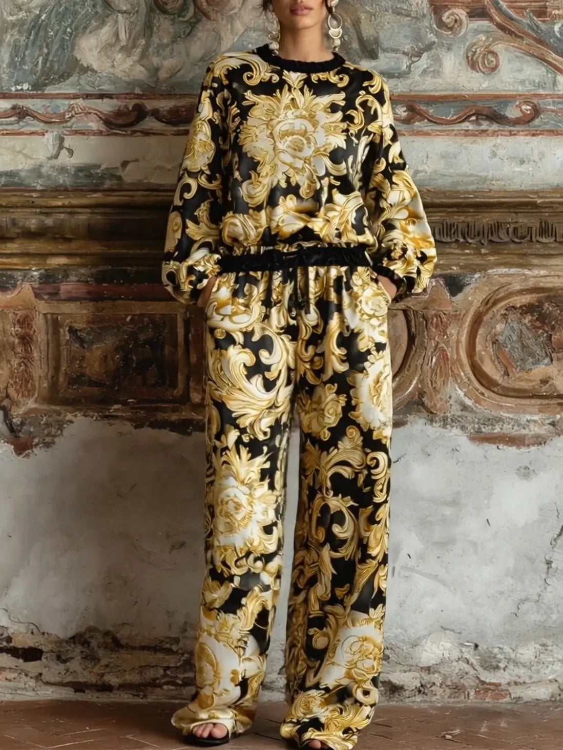 LURANO - Baroque Floral Print Long-sleeved Top And Wide-leg Pants Loungewear Set