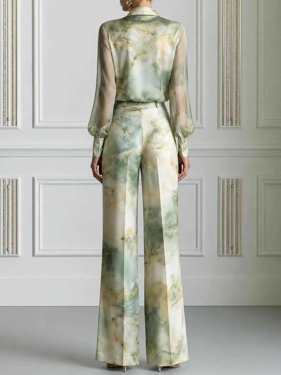 PONNA - Watercolor Fluid Print Satin Two-Piece Tailored Suit
