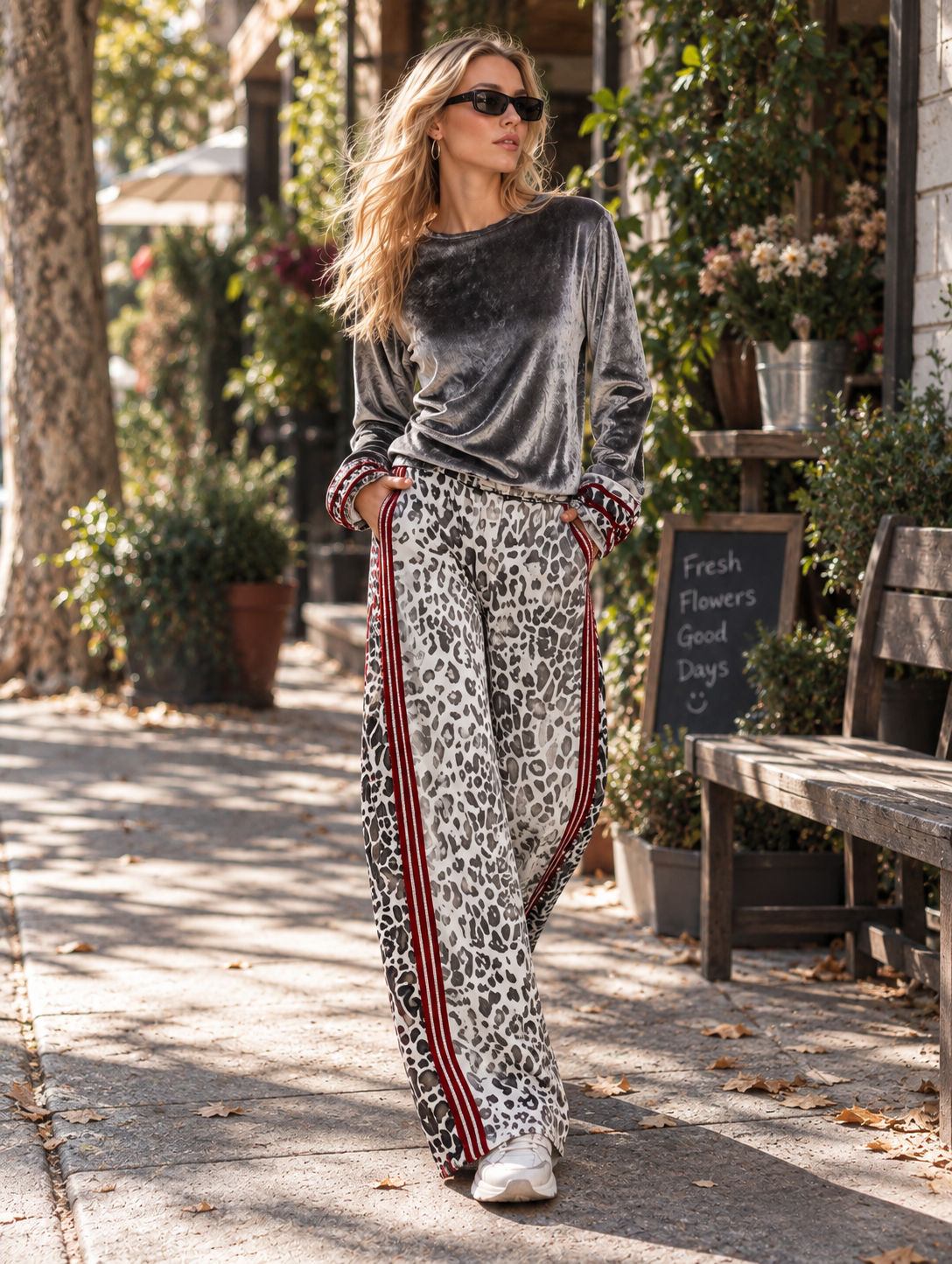 FARINDOLA - Set grigio in velluto con righe e pantaloni leopardati a gamba larga