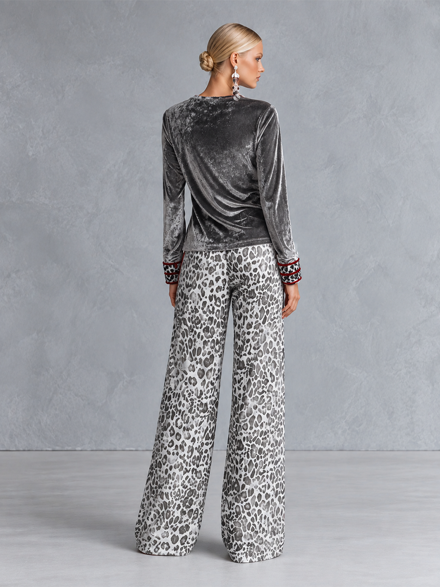 FARINDOLA - Set grigio in velluto con righe e pantaloni leopardati a gamba larga