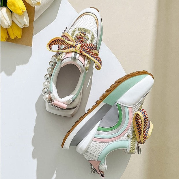 SPINETOLI - Sneakers in pelle con lacci, nero/rosa o bianco/verde