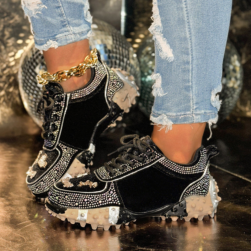 POGNANO - Sneakers Donna Nere con Strass e Lacci Glamour