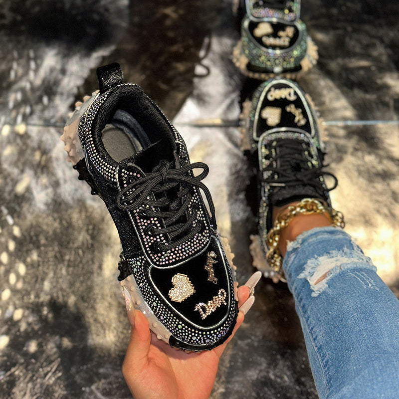 POGNANO - Sneakers Donna Nere con Strass e Lacci Glamour