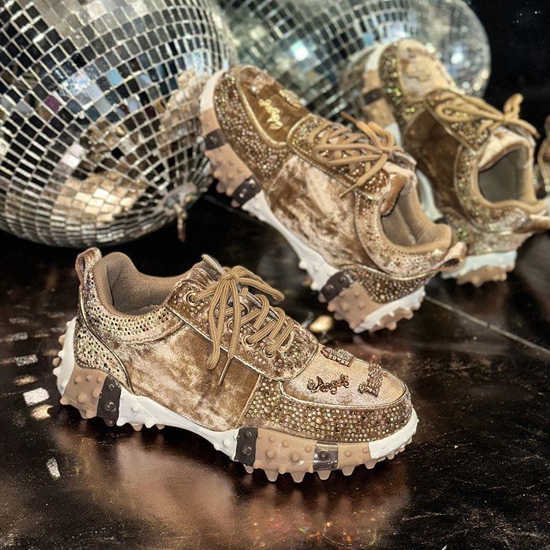 POGNANO - Sneakers Donna Nere con Strass e Lacci Glamour