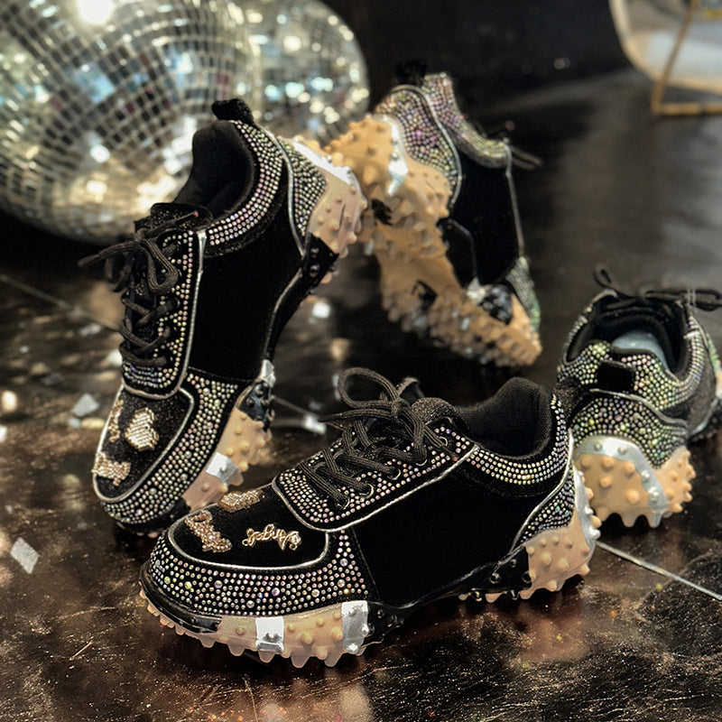 POGNANO - Sneakers Donna Nere con Strass e Lacci Glamour