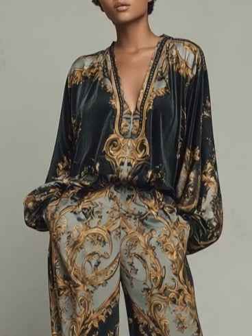 LALLA - Completo nero barocco con fiori e pantaloni ampi