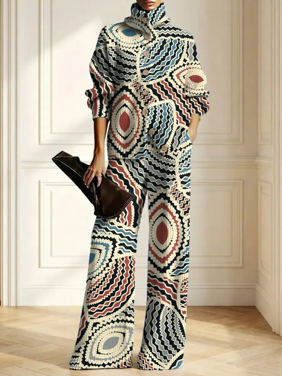 RECALE - Women's Abstract Pattern Art Print Casual Knitted Suits