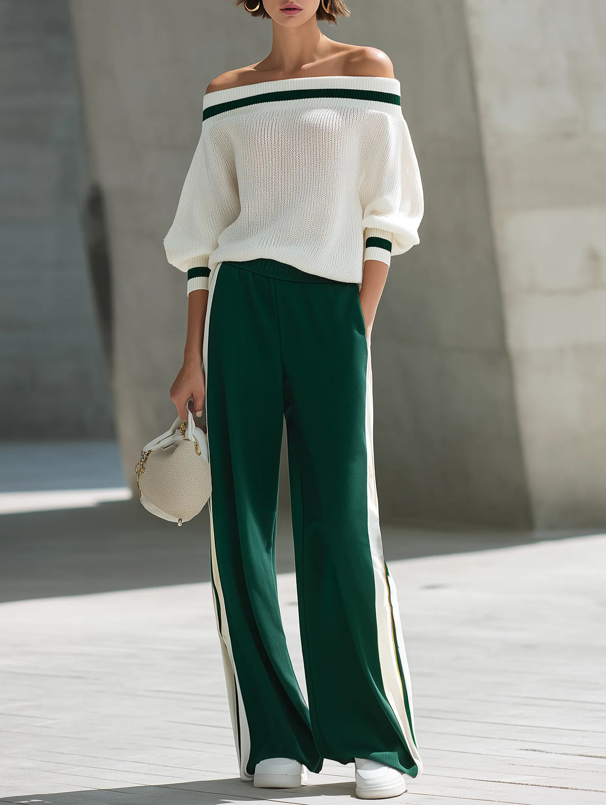 RUSSI - Completo in maglia verde scuro spalle scoperte e palazzo