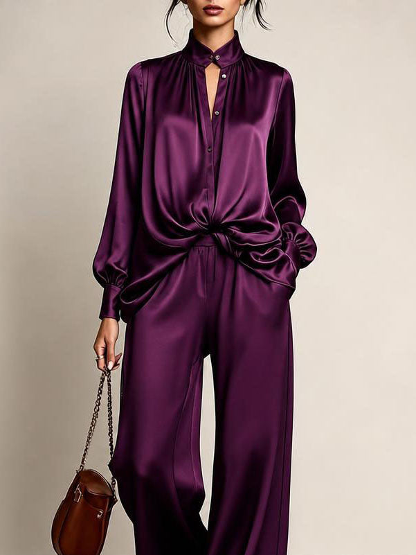 AZZANELLO - Womens Satin Stand Collar Button Down Shirt High Waist Wide Leg Trousers Luxury Purple Two Piece Set Outfit
