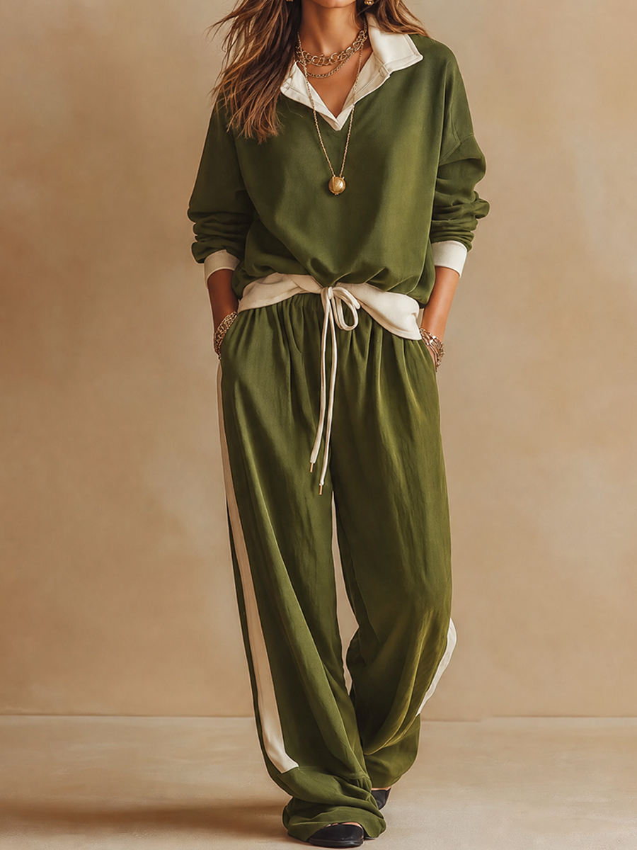 PICCIANO - Completo verde polo casual con pantaloni wide-leg
