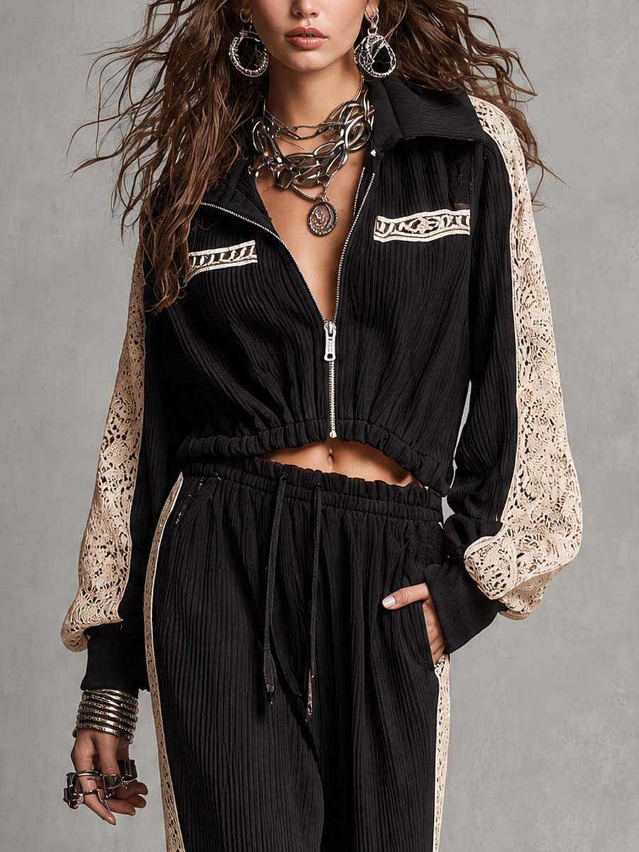 MONTACUTO - Set nero in maglia a coste con pizzo e coulisse