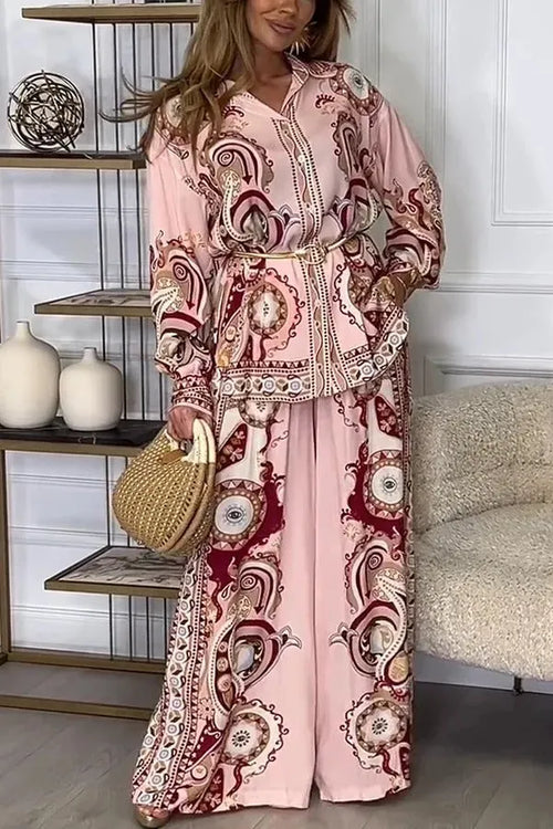 AVELENGO - Completo rosa stampato con camicia e pantaloni ampi