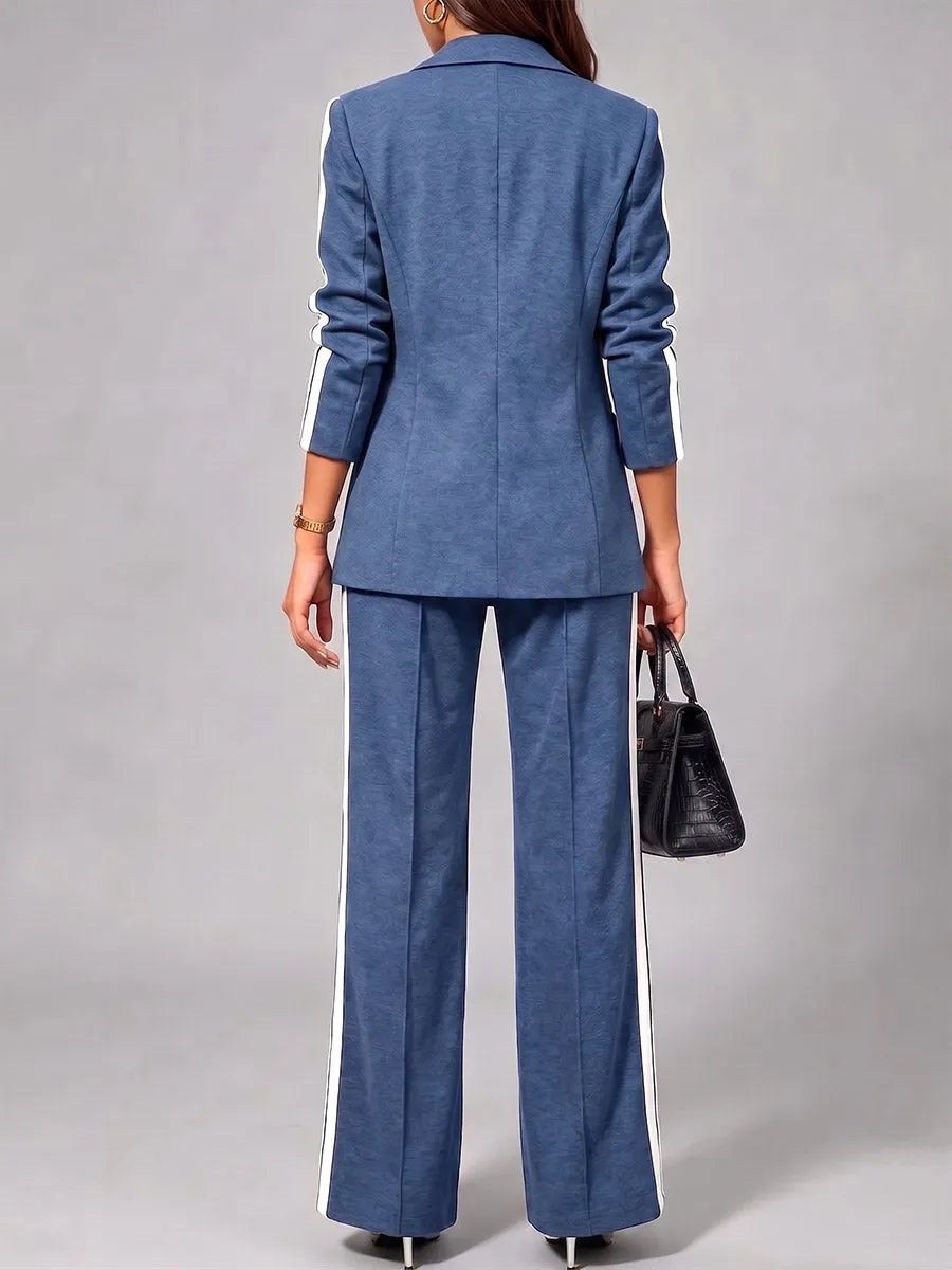 FOGLIANISE - Completo blu giacca colletto e pantaloni wide-leg