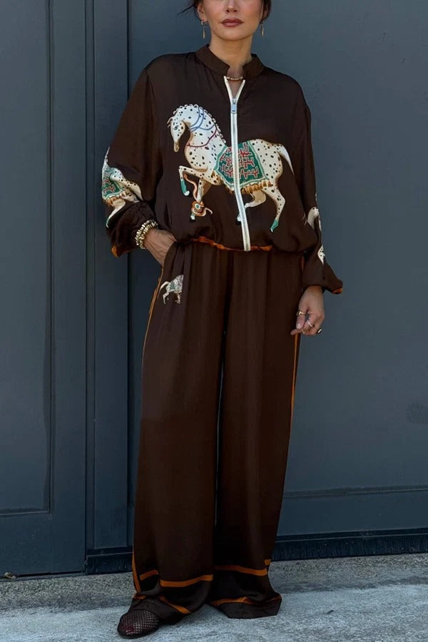 CETO - Pantaloni satinati color block con cavalli, tasche e gamba ampia