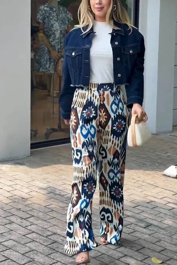 COGORNO - Pantaloni palazzo multicolor con stampa e vita elastica