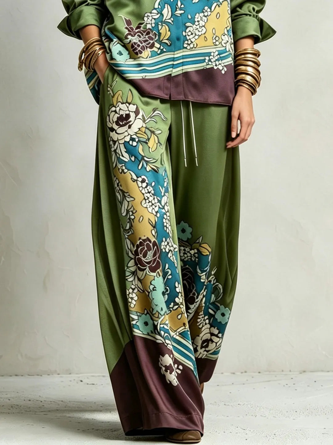 THIENE - Bohemian Green Floral Print Shirt And Drawstring Wide-leg Pants Suit