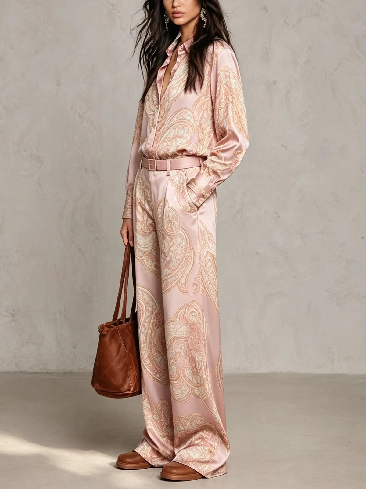 RIVELLO - Completo raso rosa paisley con cintura