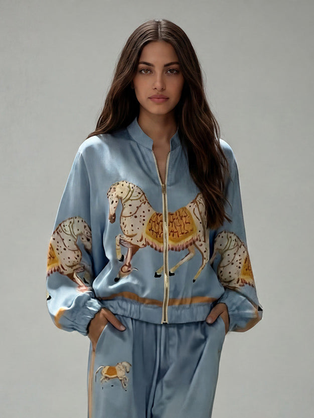 RIVOLI - Camicia in raso con stampa cavalli e zip