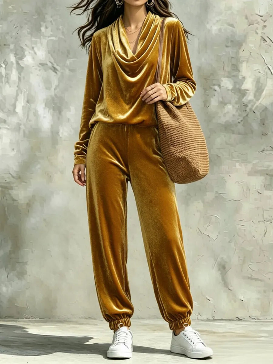 CIRIGLIANO - Completo in velluto con top cowl-neck e pantaloni