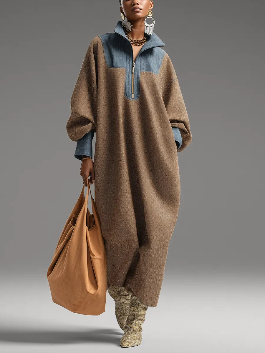 KELLY - Abito lungo marrone in denim con collo alto