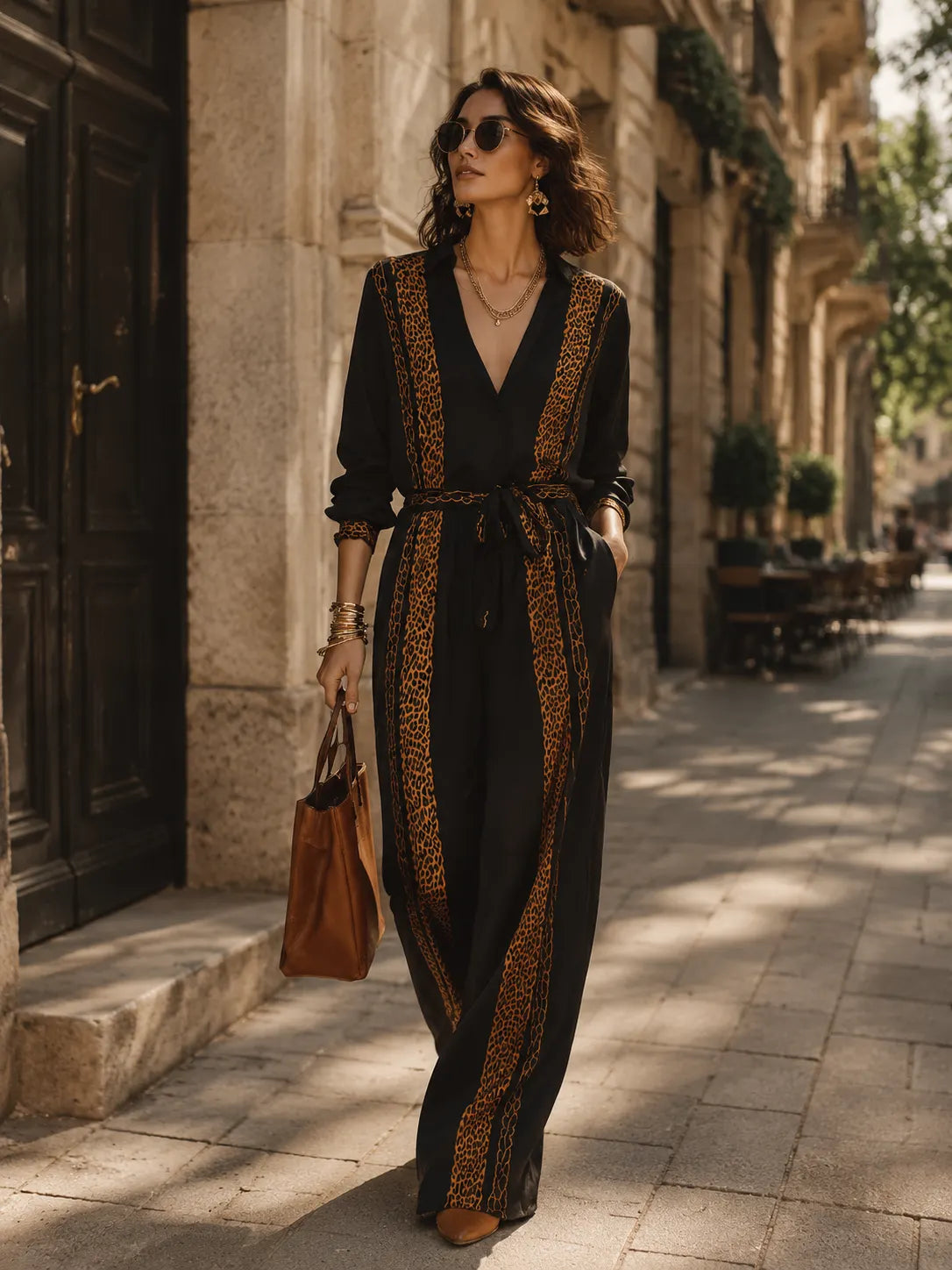 MINUCCIANO - Jumpsuit nero leopardato con cintura in vita