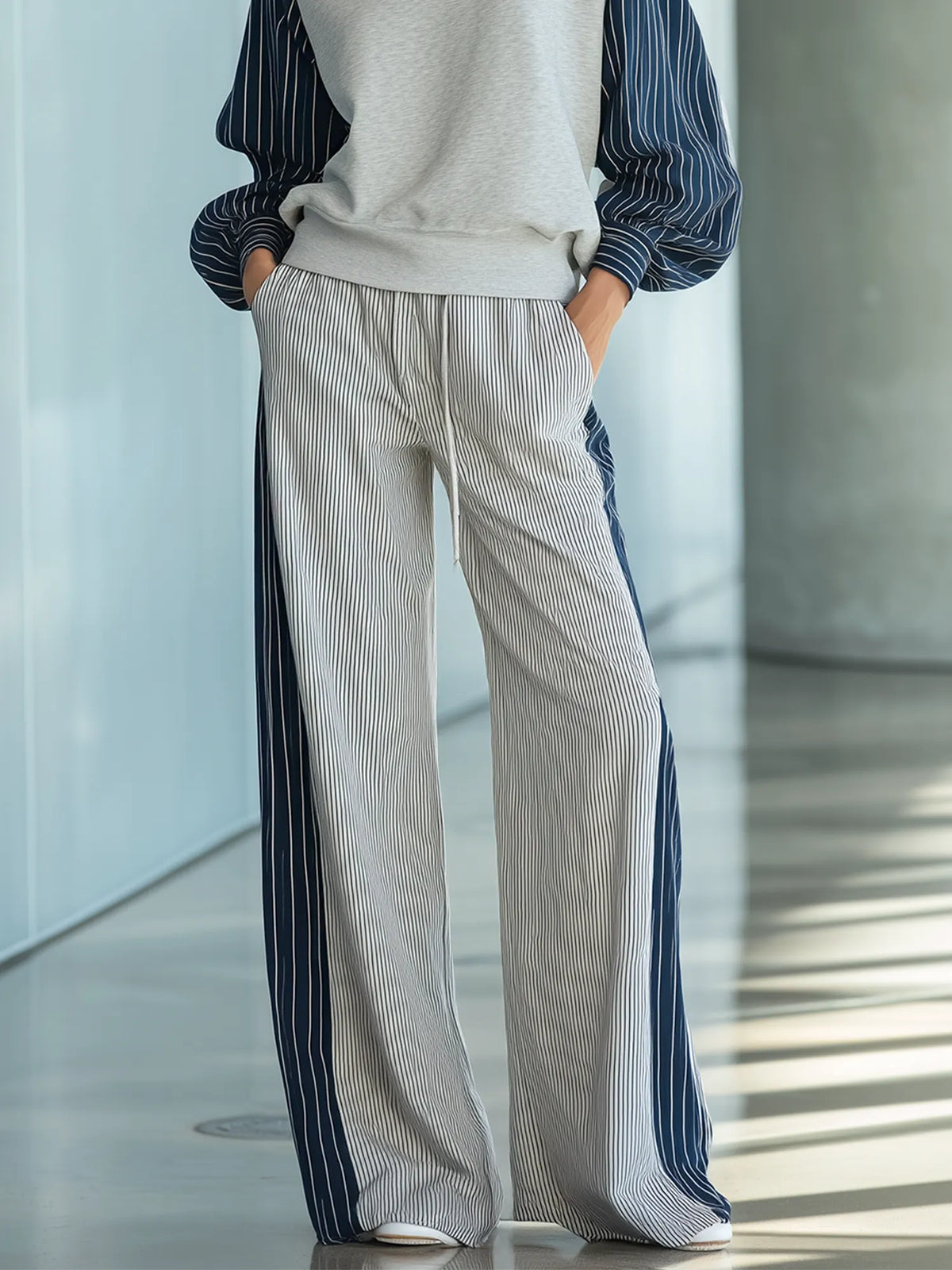 MANDELA - Women's Lightweight Casual Color-block Striped Raglan Sleeve Top And Pants Set