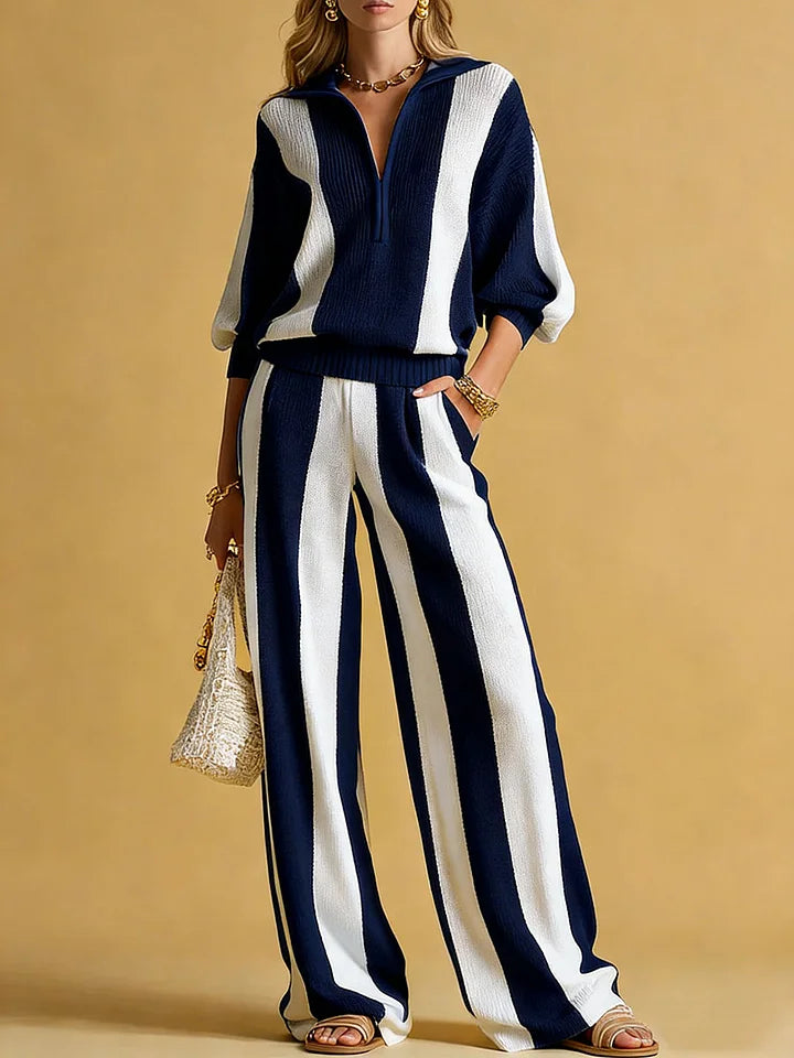 BRUNILDE - Completo in maglia rigata blu con cardigan e pantaloni ampi