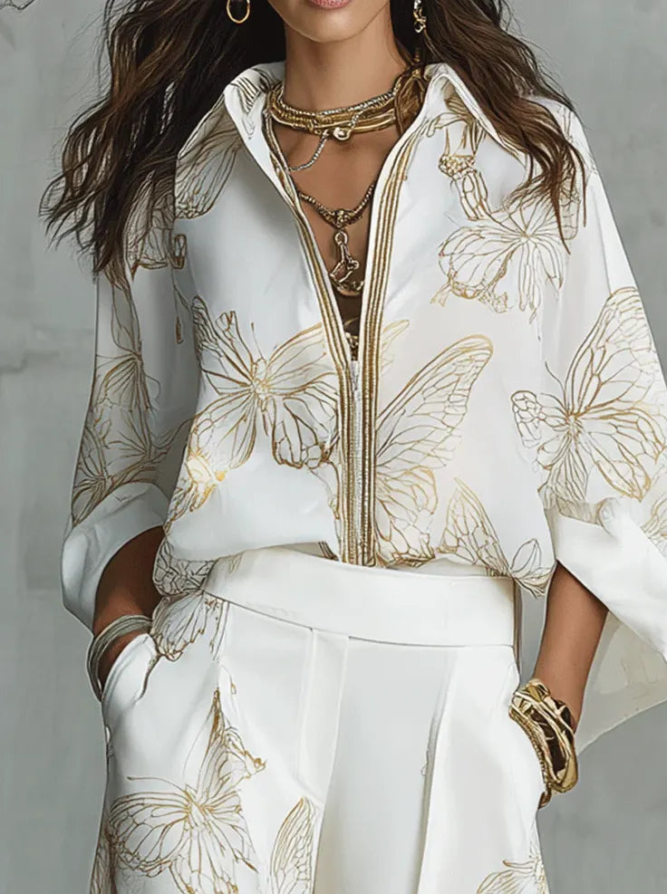 SARA - Completo due pezzi morbido con stampa farfalla dorata