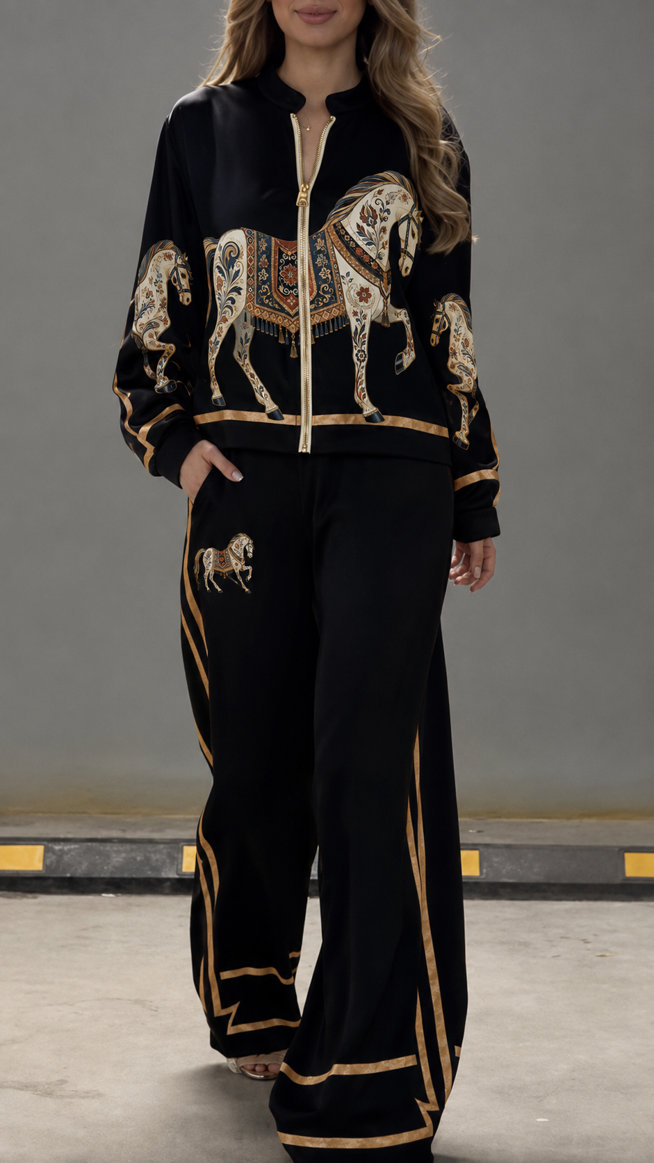ARRONE - Completo Donna in Raso Nero Stampato Chic