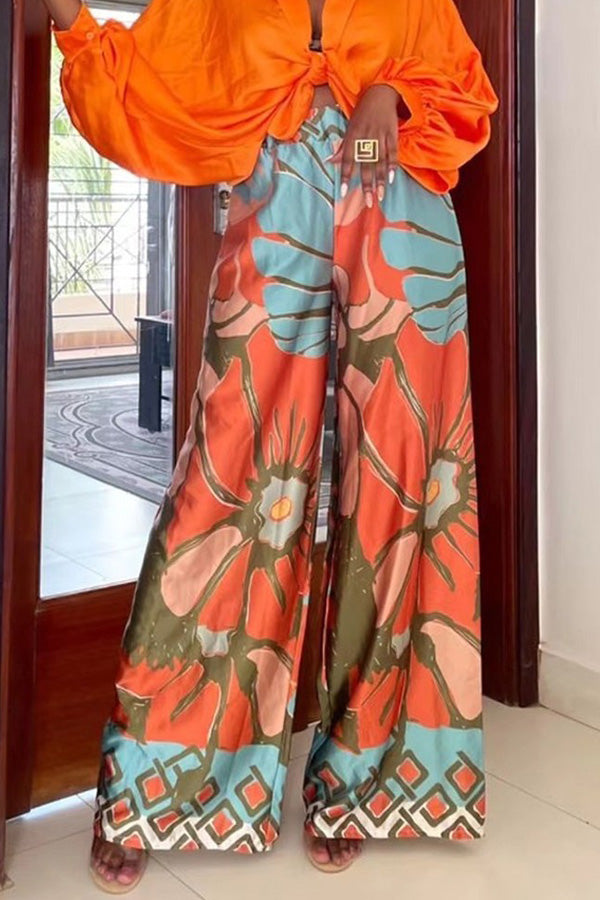 NOEPOLI - Pantaloni floreali wide-leg arancio rosa marrone verde