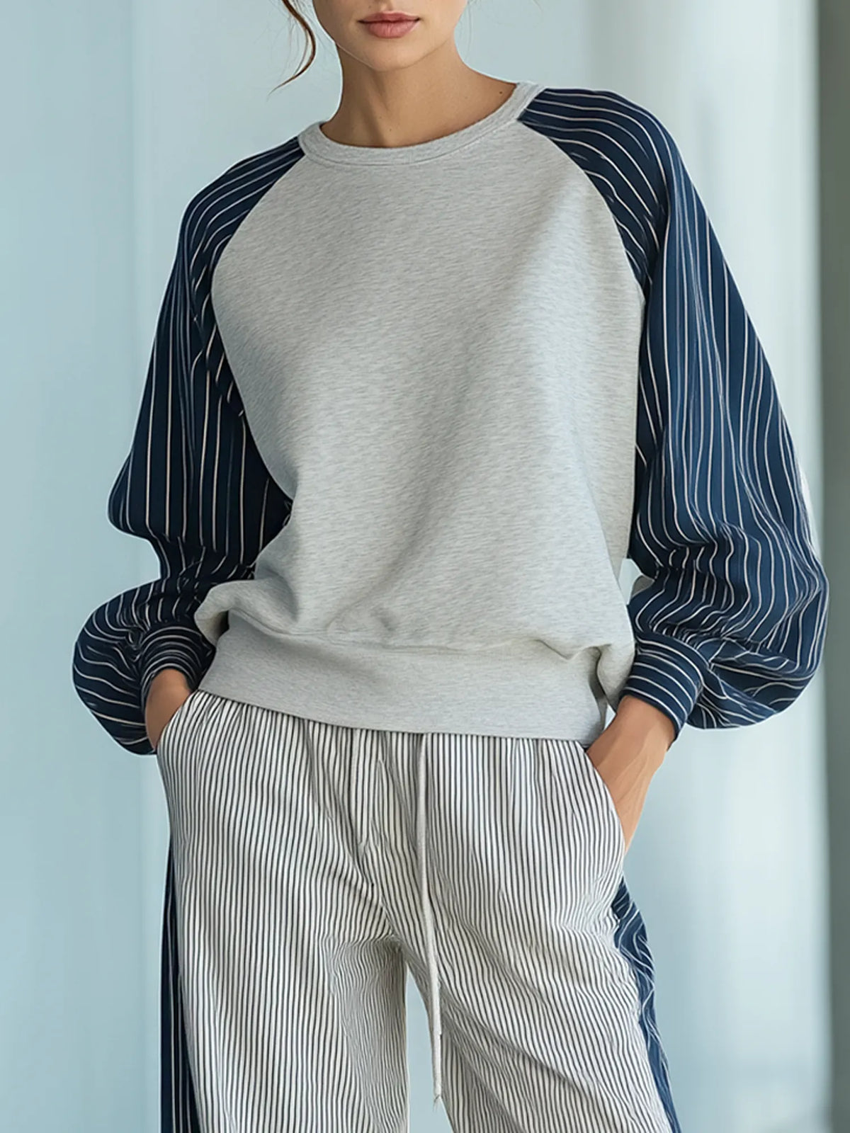 MANDELA - Women's Lightweight Casual Color-block Striped Raglan Sleeve Top And Pants Set