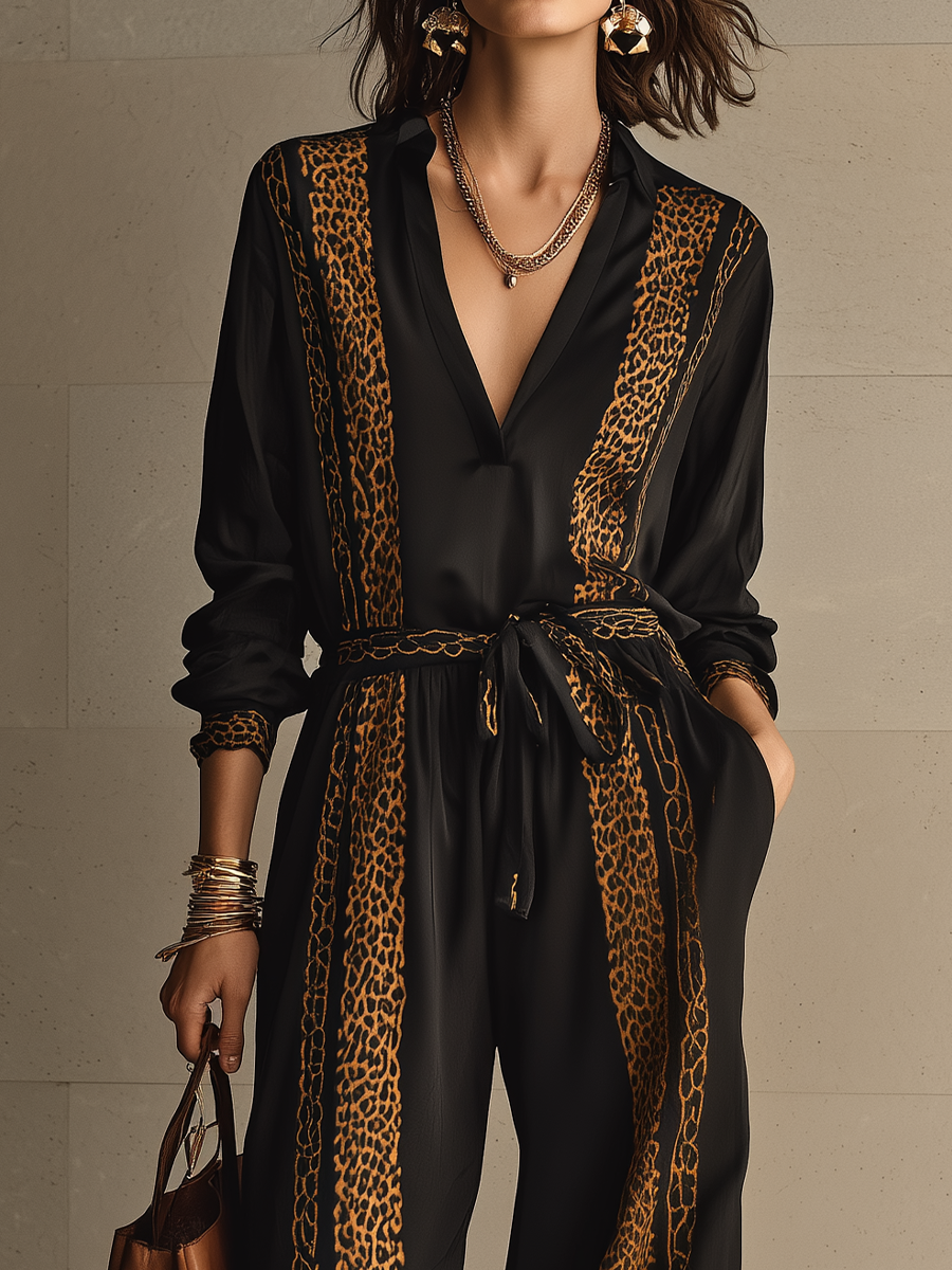 MINUCCIANO - Jumpsuit nero leopardato con cintura in vita