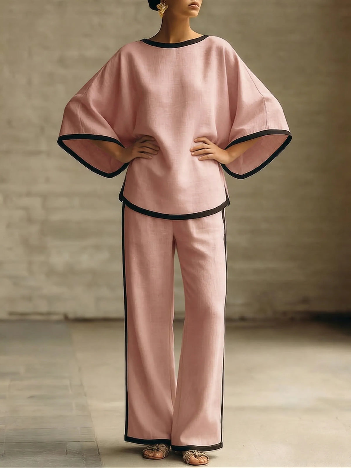 LOMAZZO - Elegant Trimmed Edge Loose Batwing Sleeve Two-piece Set